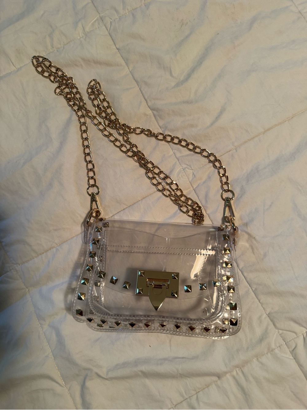 Clear Studded Crossbody Shoulder Bag with Gold Chain